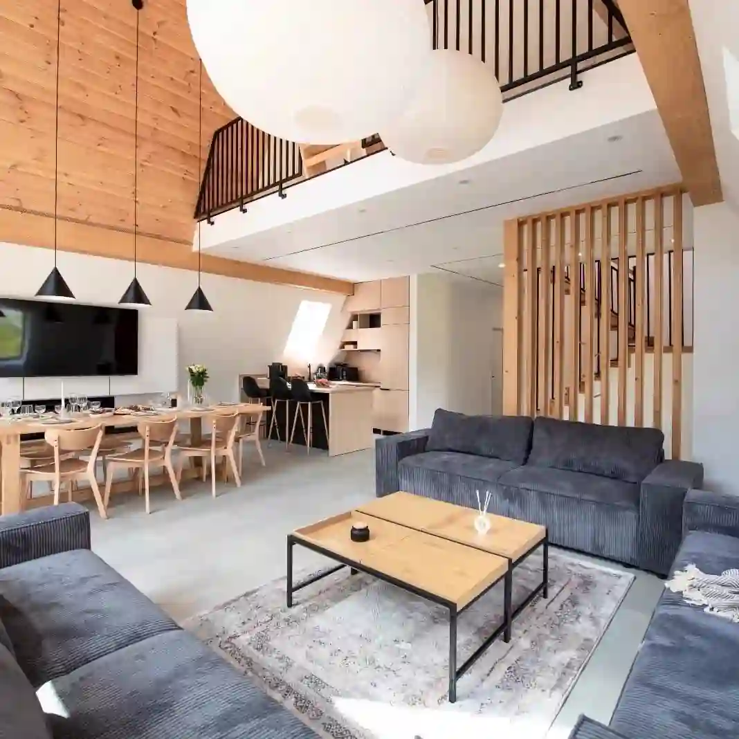Timber Loft Toplița – interior spațios cu living modern